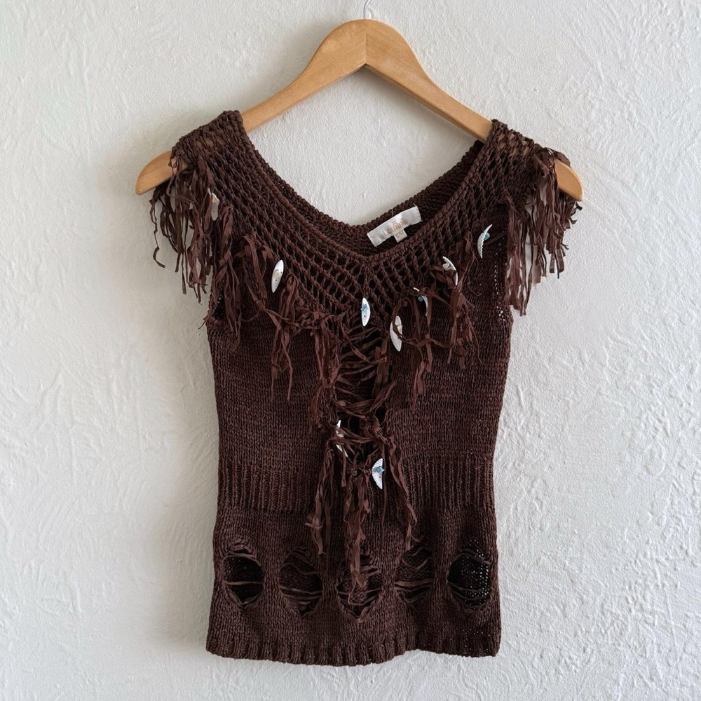 Brown Crochet Tank Top Fringe Shells Details Size S/M